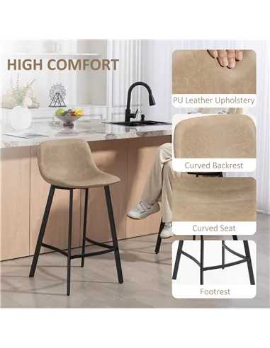 HOMCOM Bar Stools Set of 2, PU Leather Dining Stools with Backrest, Footrest, for Kitchen, Counter, Breakfast Bar, Light Brown