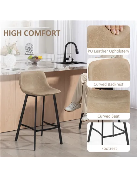 HOMCOM Bar Stools Set of 2, PU Leather Dining Stools with Backrest, Footrest, for Kitchen, Counter, Breakfast Bar, Light Brown