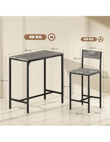 HOMCOM 3-Piece Bar Table Set with 2 Stools, Industrial Breakfast Bar Set with Footrest, Backrest for Dining Room, Small Space