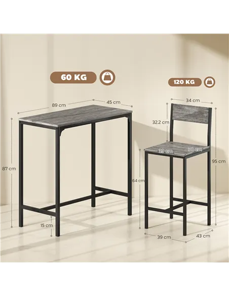 HOMCOM 3-Piece Bar Table Set with 2 Stools, Industrial Breakfast Bar Set with Footrest, Backrest for Dining Room, Small Space