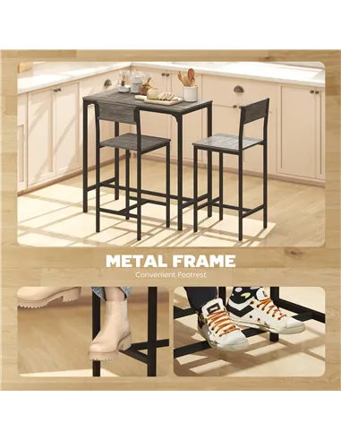 HOMCOM 3-Piece Bar Table Set with 2 Stools, Industrial Breakfast Bar Set with Footrest, Backrest for Dining Room, Small Space