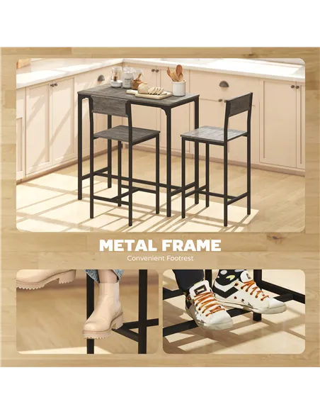 HOMCOM 3-Piece Bar Table Set with 2 Stools, Industrial Breakfast Bar Set with Footrest, Backrest for Dining Room, Small Space