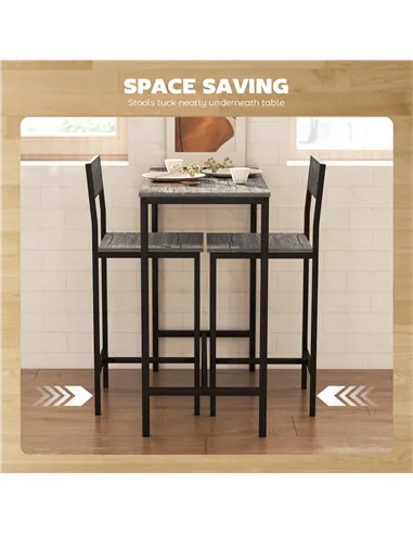 HOMCOM 3-Piece Bar Table Set with 2 Stools, Industrial Breakfast Bar Set with Footrest, Backrest for Dining Room, Small Space