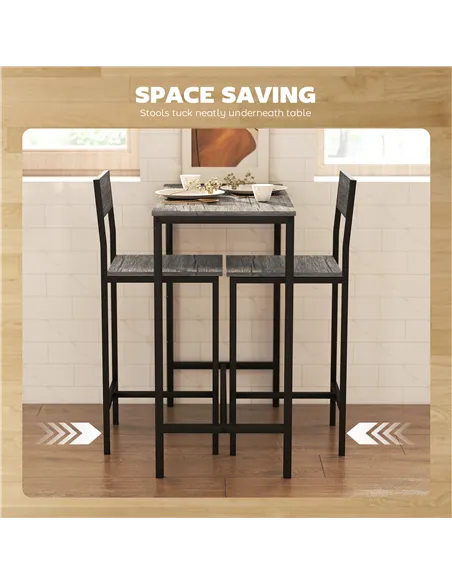 HOMCOM 3-Piece Bar Table Set with 2 Stools, Industrial Breakfast Bar Set with Footrest, Backrest for Dining Room, Small Space