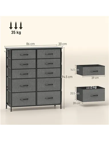 HOMCOM Chest of Ten Fabric Drawers - Charcoal Grey