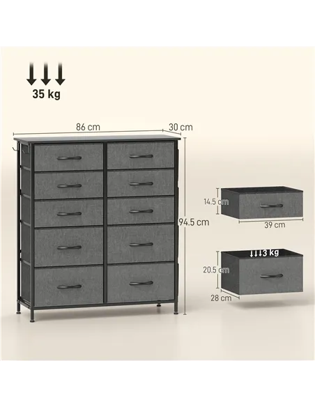 HOMCOM Chest of Ten Fabric Drawers - Charcoal Grey