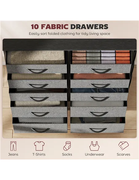 HOMCOM Chest of Ten Fabric Drawers - Charcoal Grey