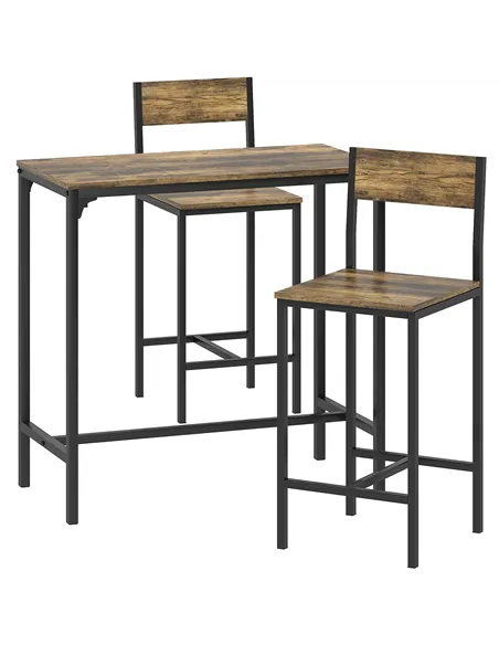 HOMCOM 3-Piece Bar Table Set with 2 Stools, Industrial Breakfast Bar Set with Footrest, Backrest for Dining Room, Small Space