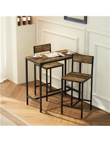 HOMCOM 3-Piece Bar Table Set with 2 Stools, Industrial Breakfast Bar Set with Footrest, Backrest for Dining Room, Small Space