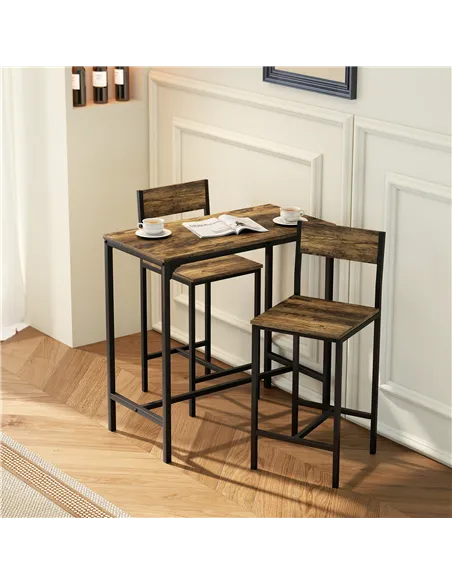 HOMCOM 3-Piece Bar Table Set with 2 Stools, Industrial Breakfast Bar Set with Footrest, Backrest for Dining Room, Small Space