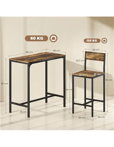 HOMCOM 3-Piece Bar Table Set with 2 Stools, Industrial Breakfast Bar Set with Footrest, Backrest for Dining Room, Small Space