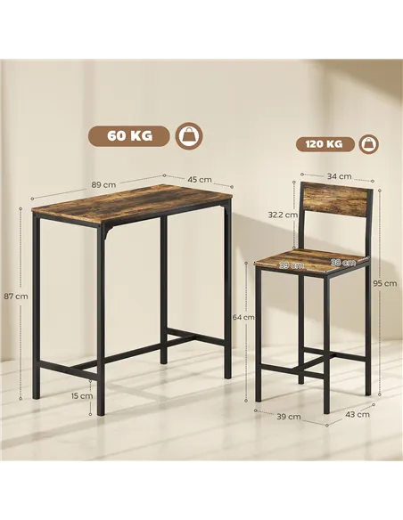 HOMCOM 3-Piece Bar Table Set with 2 Stools, Industrial Breakfast Bar Set with Footrest, Backrest for Dining Room, Small Space