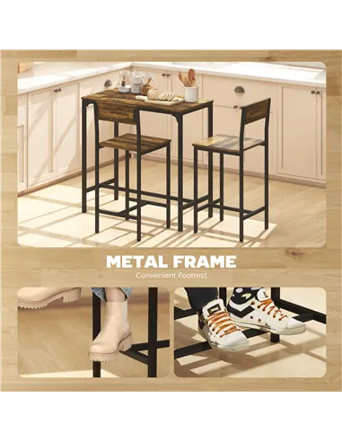 HOMCOM 3-Piece Bar Table Set with 2 Stools, Industrial Breakfast Bar Set with Footrest, Backrest for Dining Room, Small Space