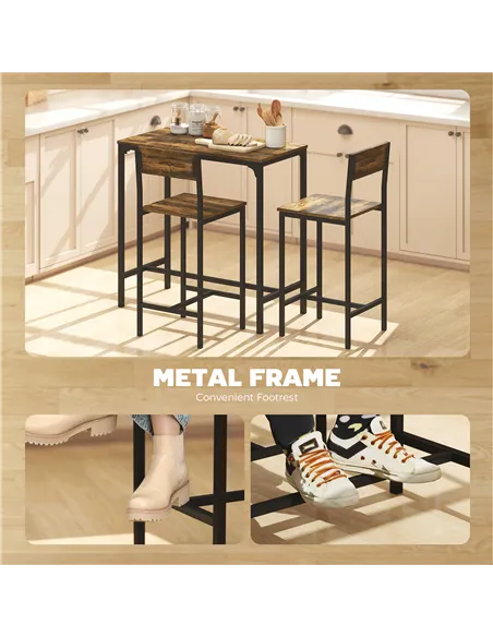 HOMCOM 3-Piece Bar Table Set with 2 Stools, Industrial Breakfast Bar Set with Footrest, Backrest for Dining Room, Small Space