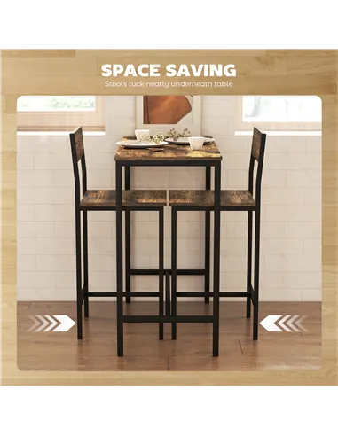 HOMCOM 3-Piece Bar Table Set with 2 Stools, Industrial Breakfast Bar Set with Footrest, Backrest for Dining Room, Small Space