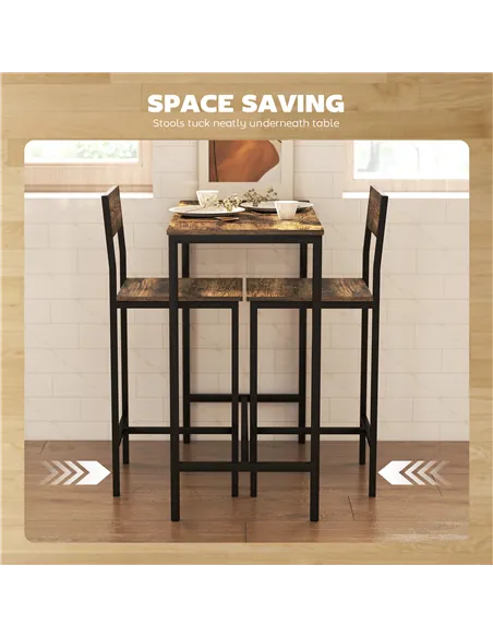 HOMCOM 3-Piece Bar Table Set with 2 Stools, Industrial Breakfast Bar Set with Footrest, Backrest for Dining Room, Small Space