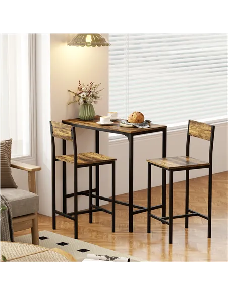 HOMCOM 3-Piece Bar Table Set with 2 Stools, Industrial Breakfast Bar Set with Footrest, Backrest for Dining Room, Small Space