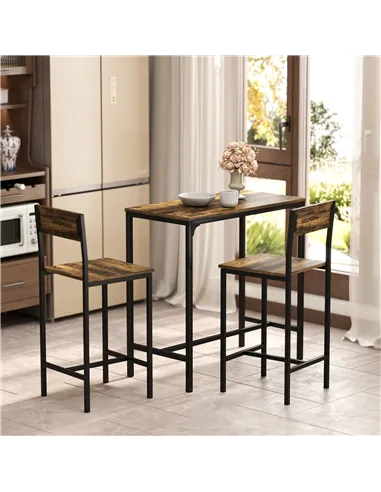HOMCOM 3-Piece Bar Table Set with 2 Stools, Industrial Breakfast Bar Set with Footrest, Backrest for Dining Room, Small Space