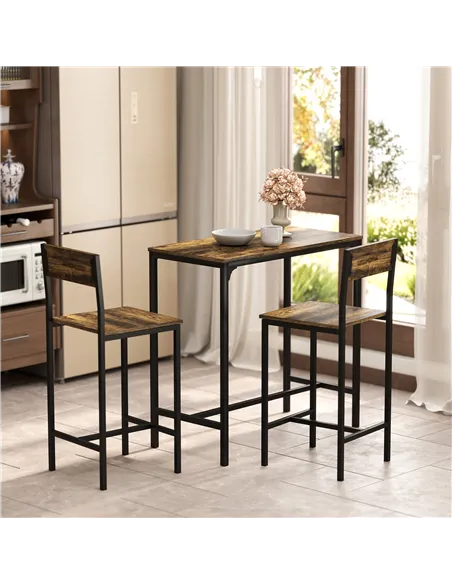 HOMCOM 3-Piece Bar Table Set with 2 Stools, Industrial Breakfast Bar Set with Footrest, Backrest for Dining Room, Small Space