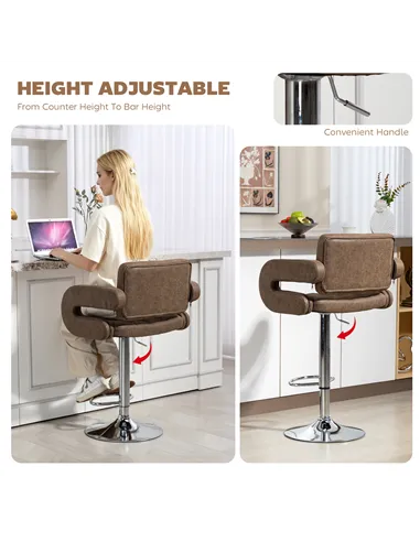 HOMCOM PU Leather Upholstered Swivel Bar Stool, Height Adjustable with Back, Armrest, Footrest, Coffee