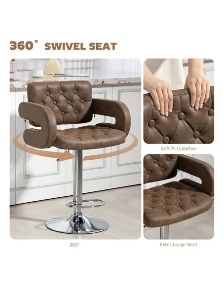 HOMCOM PU Leather Upholstered Swivel Bar Stool, Height Adjustable with Back, Armrest, Footrest, Coffee
