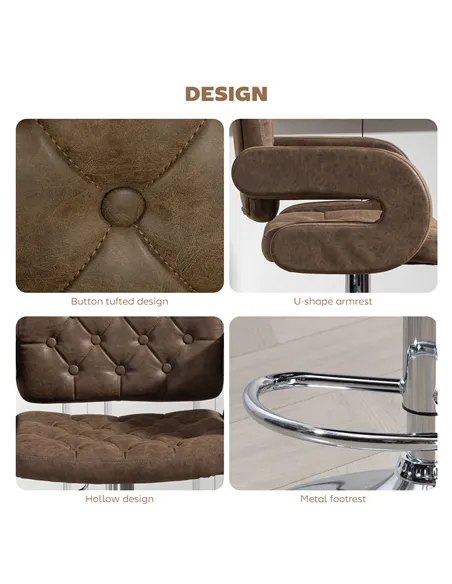 HOMCOM PU Leather Upholstered Swivel Bar Stool, Height Adjustable with Back, Armrest, Footrest, Coffee