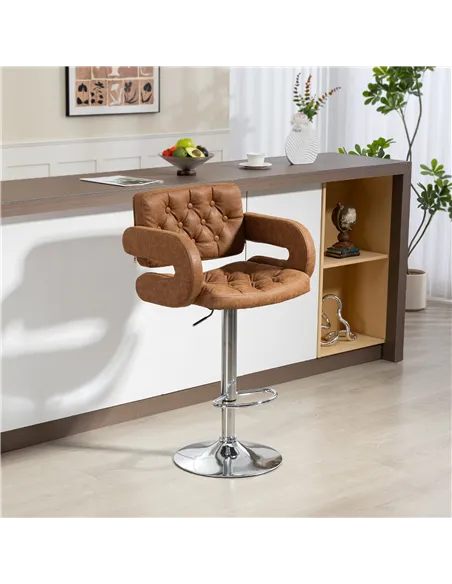 HOMCOM PU Leather Upholstered Swivel Bar Stool, Height Adjustable with Back, Armrest, Footrest, Brown