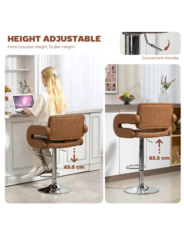HOMCOM PU Leather Upholstered Swivel Bar Stool, Height Adjustable with Back, Armrest, Footrest, Brown