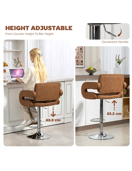 HOMCOM PU Leather Upholstered Swivel Bar Stool, Height Adjustable with Back, Armrest, Footrest, Brown
