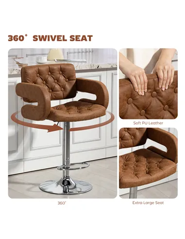 HOMCOM PU Leather Upholstered Swivel Bar Stool, Height Adjustable with Back, Armrest, Footrest, Brown