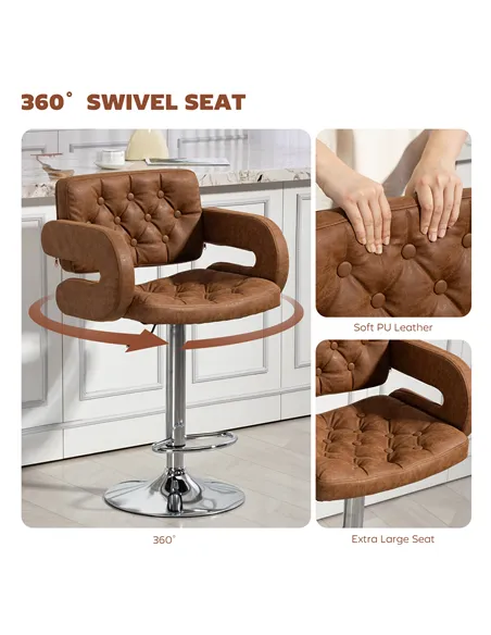 HOMCOM PU Leather Upholstered Swivel Bar Stool, Height Adjustable with Back, Armrest, Footrest, Brown