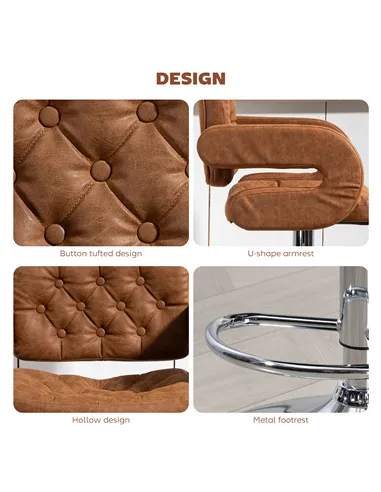 HOMCOM PU Leather Upholstered Swivel Bar Stool, Height Adjustable with Back, Armrest, Footrest, Brown