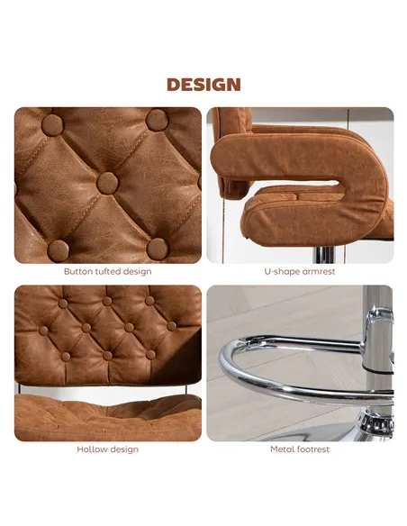 HOMCOM PU Leather Upholstered Swivel Bar Stool, Height Adjustable with Back, Armrest, Footrest, Brown