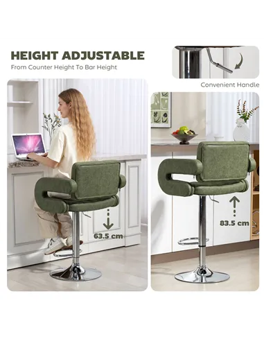 HOMCOM PU Leather Upholstered Swivel Bar Stool, Height Adjustable with Back, Armrest, Footrest, Green