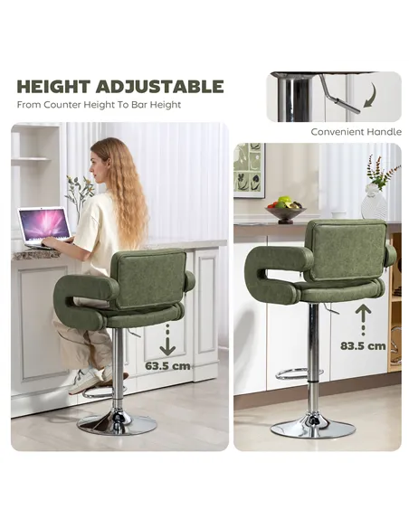 HOMCOM PU Leather Upholstered Swivel Bar Stool, Height Adjustable with Back, Armrest, Footrest, Green