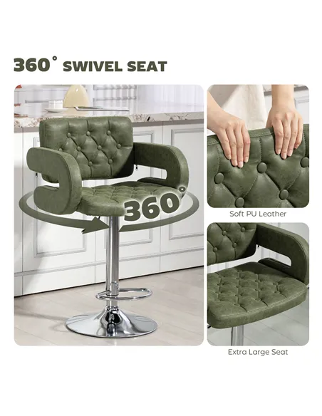 HOMCOM PU Leather Upholstered Swivel Bar Stool, Height Adjustable with Back, Armrest, Footrest, Green