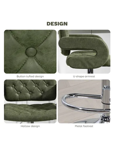 HOMCOM PU Leather Upholstered Swivel Bar Stool, Height Adjustable with Back, Armrest, Footrest, Green