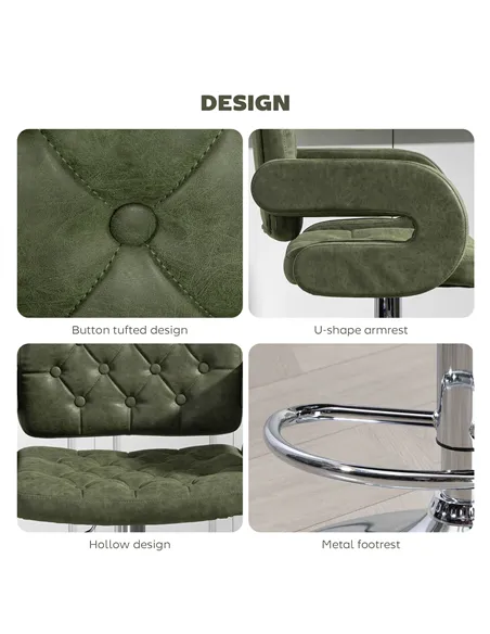 HOMCOM PU Leather Upholstered Swivel Bar Stool, Height Adjustable with Back, Armrest, Footrest, Green