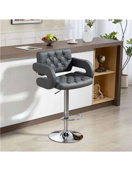 HOMCOM PU Leather Upholstered Swivel Bar Stool, Height Adjustable with Back, Armrest, Footrest, Grey