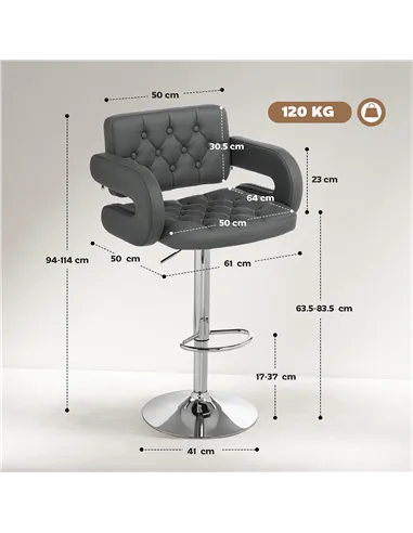 HOMCOM PU Leather Upholstered Swivel Bar Stool, Height Adjustable with Back, Armrest, Footrest, Grey