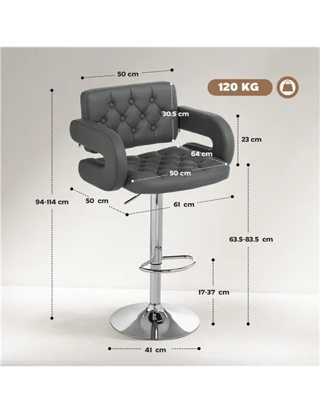 HOMCOM PU Leather Upholstered Swivel Bar Stool, Height Adjustable with Back, Armrest, Footrest, Grey