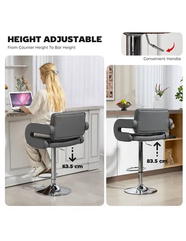HOMCOM PU Leather Upholstered Swivel Bar Stool, Height Adjustable with Back, Armrest, Footrest, Grey