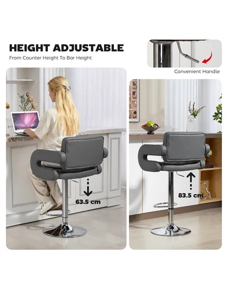 HOMCOM PU Leather Upholstered Swivel Bar Stool, Height Adjustable with Back, Armrest, Footrest, Grey
