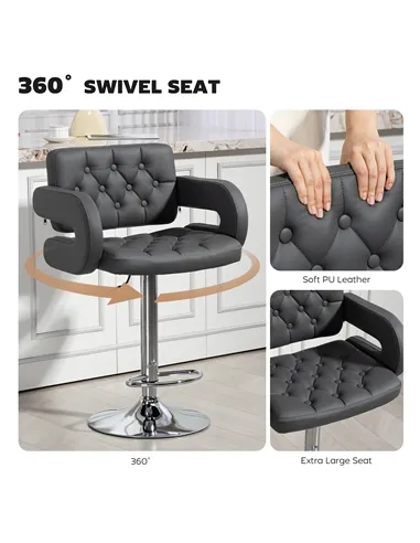HOMCOM PU Leather Upholstered Swivel Bar Stool, Height Adjustable with Back, Armrest, Footrest, Grey