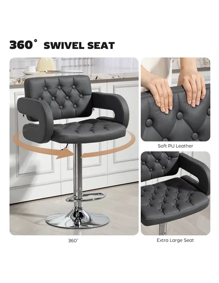 HOMCOM PU Leather Upholstered Swivel Bar Stool, Height Adjustable with Back, Armrest, Footrest, Grey