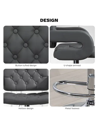 HOMCOM PU Leather Upholstered Swivel Bar Stool, Height Adjustable with Back, Armrest, Footrest, Grey