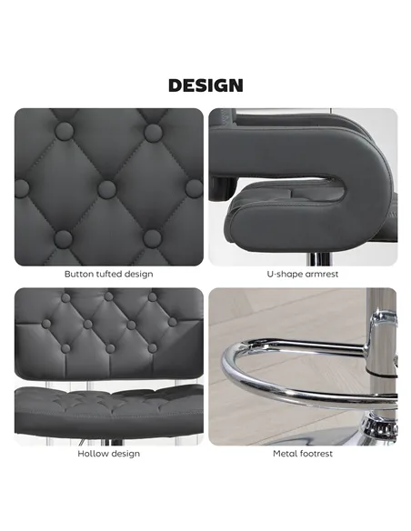 HOMCOM PU Leather Upholstered Swivel Bar Stool, Height Adjustable with Back, Armrest, Footrest, Grey