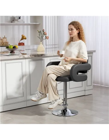 HOMCOM PU Leather Upholstered Swivel Bar Stool, Height Adjustable with Back, Armrest, Footrest, Grey