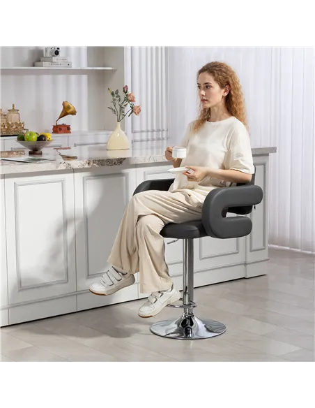 HOMCOM PU Leather Upholstered Swivel Bar Stool, Height Adjustable with Back, Armrest, Footrest, Grey