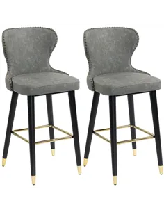 HOMCOM Bar Stools Set of 2, PU Leather Barstools with Back, Footrest and Wood Legs for Kitchen, Counter, Breakfast Bar, Grey